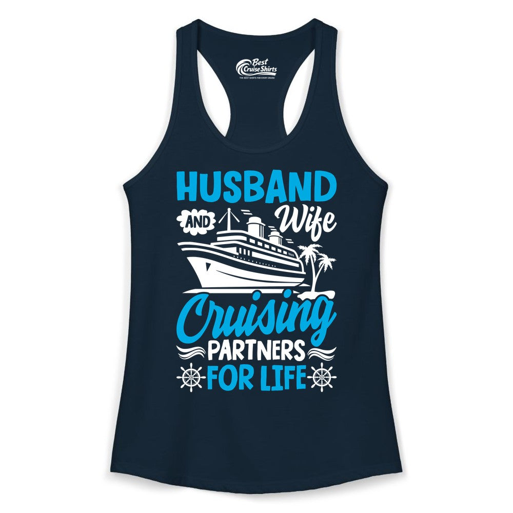 Cruise Shirts for Couples - Husband and Wife Matching Vacation Tees (Ladies Tank) in Solid Midnight Navy - Husband and Wife Cruising Partners for Life Nautical Couples Shirt