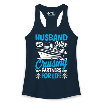 Cruise Shirts for Couples - Husband and Wife Matching Vacation Tees (Ladies Tank) in Solid Midnight Navy - Husband and Wife Cruising Partners for Life Nautical Couples Shirt