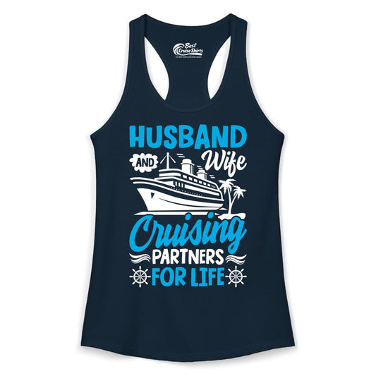 Cruise Shirts for Couples - Husband and Wife Matching Vacation Tees (Ladies Tank) in Solid Midnight Navy - Husband and Wife Cruising Partners for Life Nautical Couples Shirt