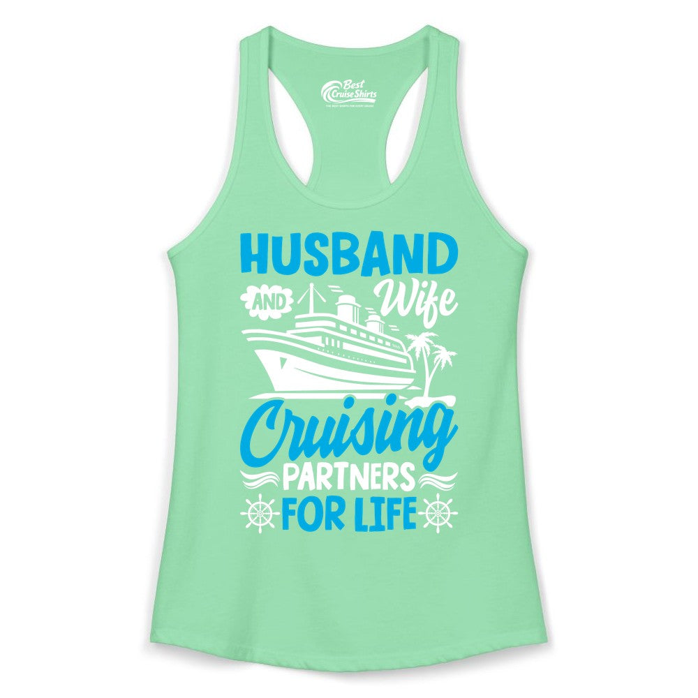 Cruise Shirts for Couples - Husband and Wife Matching Vacation Tees (Ladies Tank) in Solid Mint - Husband and Wife Cruising Partners for Life Nautical Couples Shirt