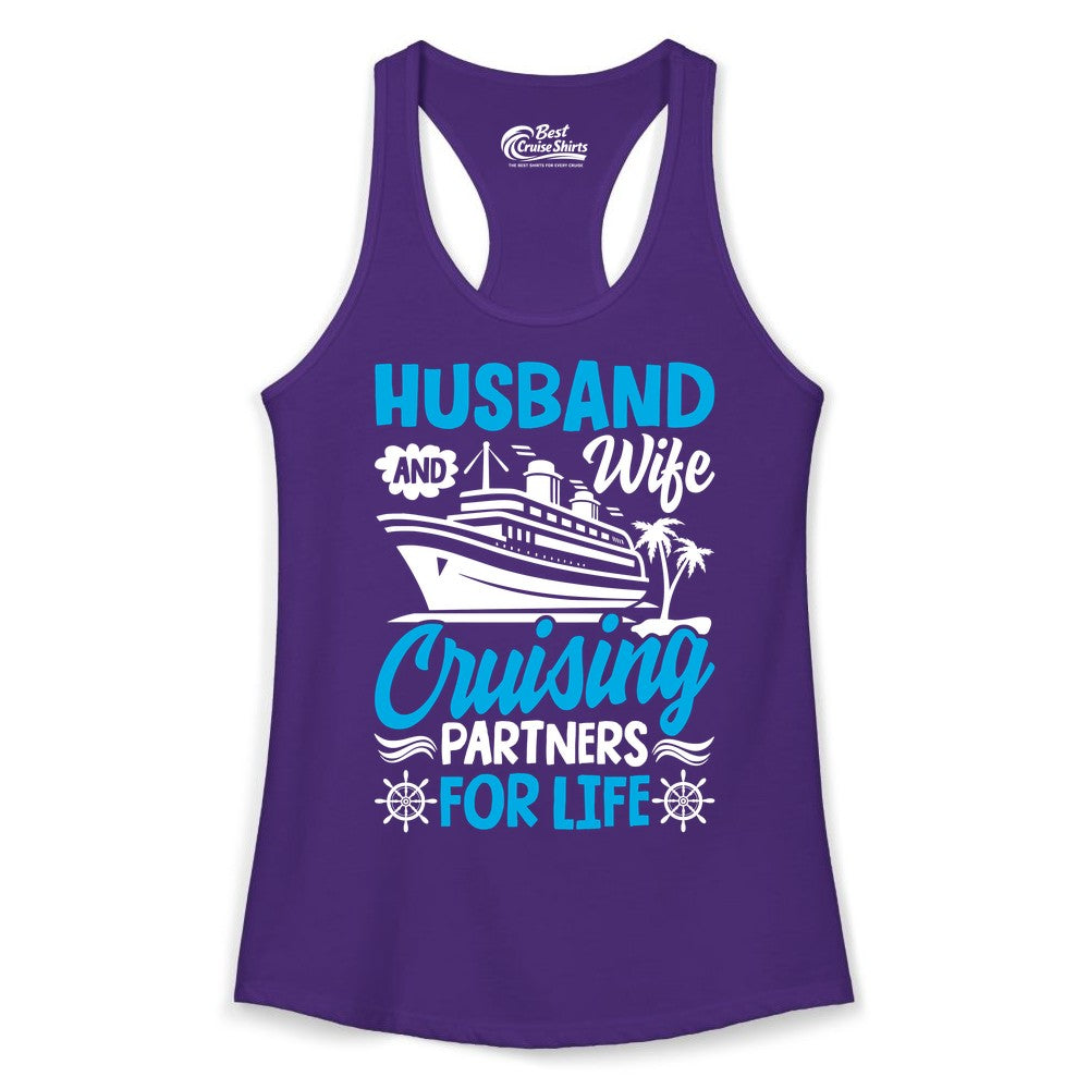 Cruise Shirts for Couples - Husband and Wife Matching Vacation Tees (Ladies Tank) in Solid Purple Rush - Husband and Wife Cruising Partners for Life Nautical Couples Shirt