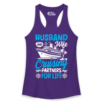 Cruise Shirts for Couples - Husband and Wife Matching Vacation Tees (Ladies Tank) in Solid Purple Rush - Husband and Wife Cruising Partners for Life Nautical Couples Shirt