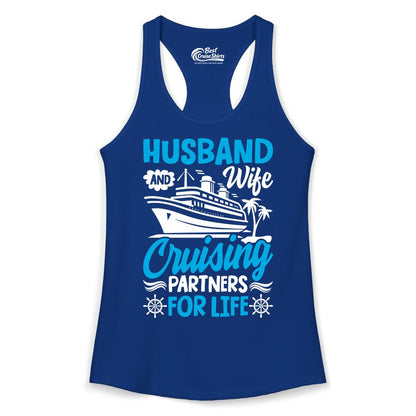 Cruise Shirts for Couples - Husband and Wife Matching Vacation Tees (Ladies Tank) in Solid Royal - Husband and Wife Cruising Partners for Life Nautical Couples Shirt
