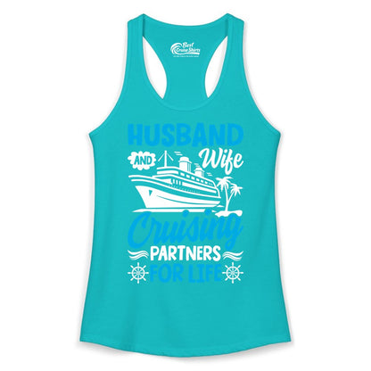 Cruise Shirts for Couples - Husband and Wife Matching Vacation Tees (Ladies Tank) in Tahiti Blue - Husband and Wife Cruising Partners for Life Nautical Couples Shirt
