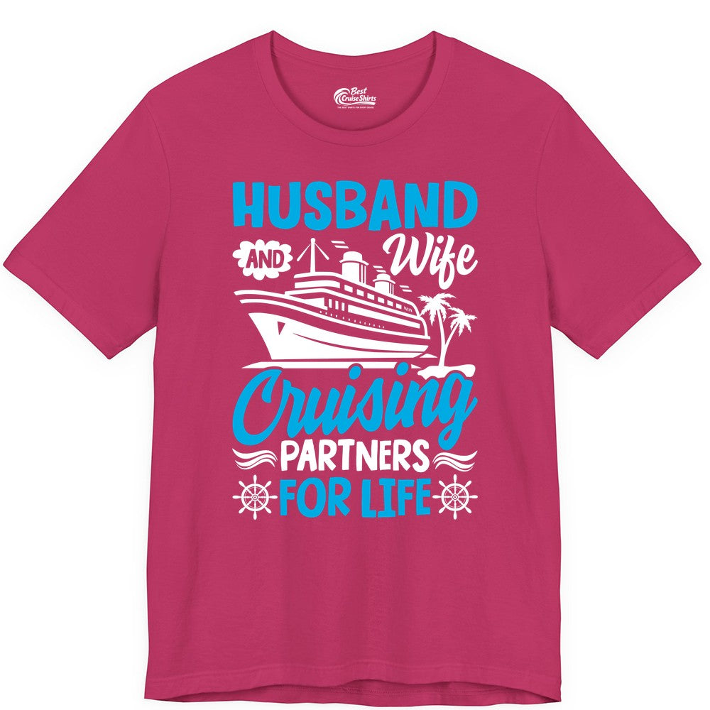 Cruise Shirts for Couples - Husband and Wife Matching Vacation Tees (Premium Tee) in Berry - Husband and Wife Cruising Partners for Life Nautical Couples Shirt