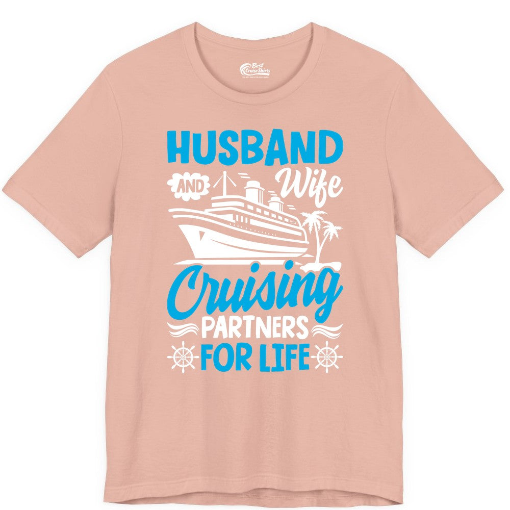 Cruise Shirts for Couples - Husband and Wife Matching Vacation Tees (Premium Tee) in Peach - Husband and Wife Cruising Partners for Life Nautical Couples Shirt