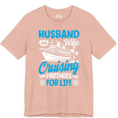 Cruise Shirts for Couples - Husband and Wife Matching Vacation Tees (Premium Tee) in Peach - Husband and Wife Cruising Partners for Life Nautical Couples Shirt