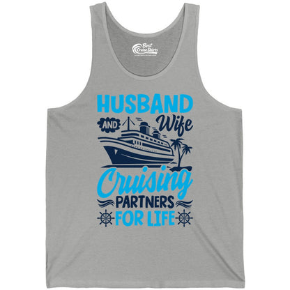 Cruise Shirts for Couples - Husband and Wife Matching Vacation Tees (Tank Top) in Athletic Heather - Husband and Wife Cruising Partners for Life Nautical Couples Shirt