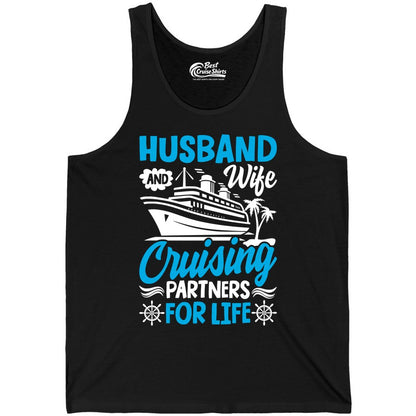 Cruise Shirts for Couples - Husband and Wife Matching Vacation Tees (Tank Top) in Black - Husband and Wife Cruising Partners for Life Nautical Couples Shirt
