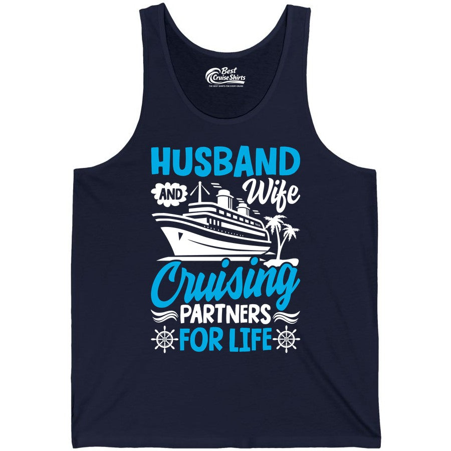 Cruise Shirts for Couples - Husband and Wife Matching Vacation Tees (Tank Top) in Navy - Husband and Wife Cruising Partners for Life Nautical Couples Shirt