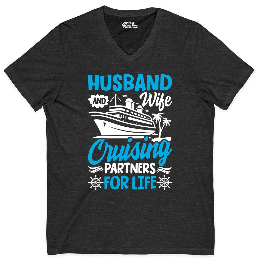 Cruise Shirts for Couples - Husband and Wife Matching Vacation Tees (V-Neck) in Dark Grey Heather - Husband and Wife Cruising Partners for Life Nautical Couples Shirt