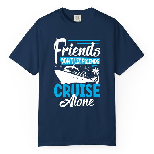 Friends Cruise Shirt - Fun Tropical Matching Cruise Group Tee (Comfort Color) in Navy - Friends Cruise Shirt - Tropical Palm Trees and Cruise Ship Vacation