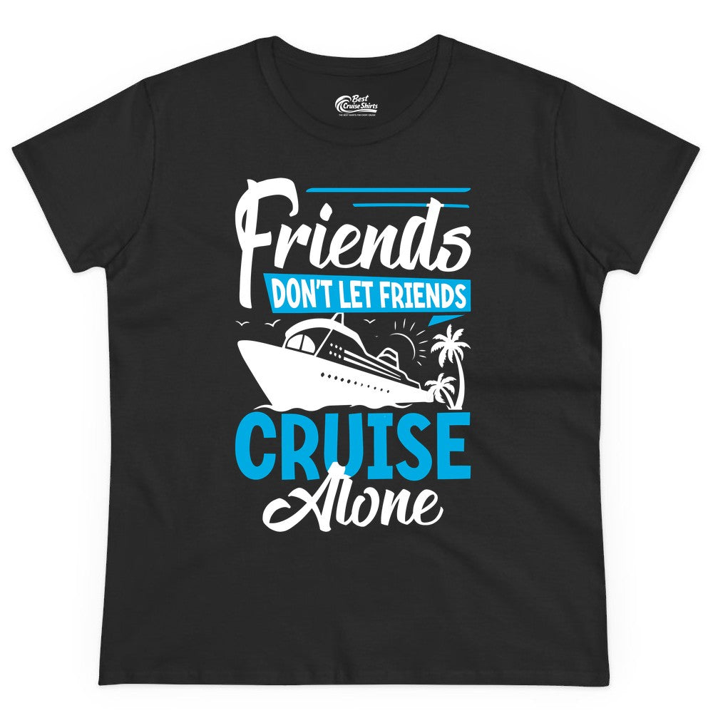 Friends Cruise Shirt - Fun Tropical Matching Cruise Group Tee (Ladies Tee) in Black - Friends Cruise Shirt - Tropical Palm Trees and Cruise Ship Vacation