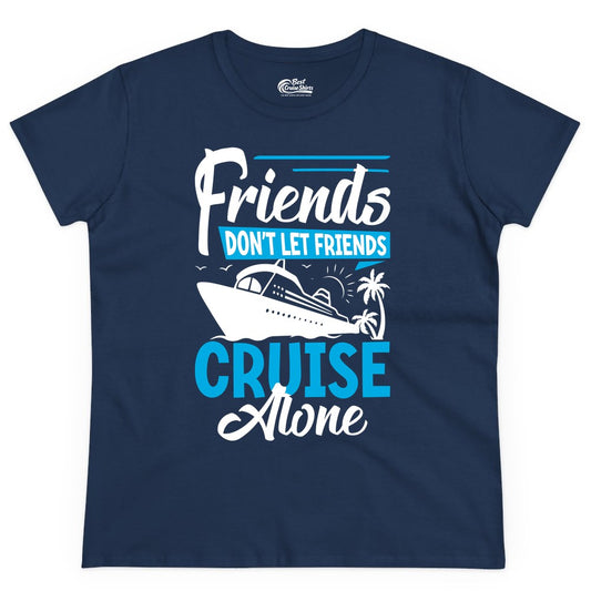 Friends Cruise Shirt - Fun Tropical Matching Cruise Group Tee (Ladies Tee) in Navy - Friends Cruise Shirt - Tropical Palm Trees and Cruise Ship Vacation