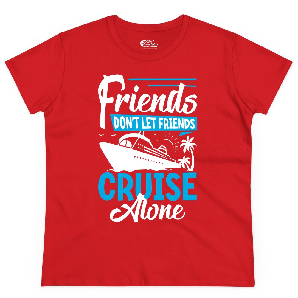 Friends Cruise Shirt - Fun Tropical Matching Cruise Group Tee (Ladies Tee) in Red - Friends Cruise Shirt - Tropical Palm Trees and Cruise Ship Vacation