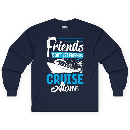 Friends Cruise Shirt - Fun Tropical Matching Cruise Group Tee (Long Sleeve) in Navy - Friends Cruise Shirt - Tropical Palm Trees and Cruise Ship Vacation