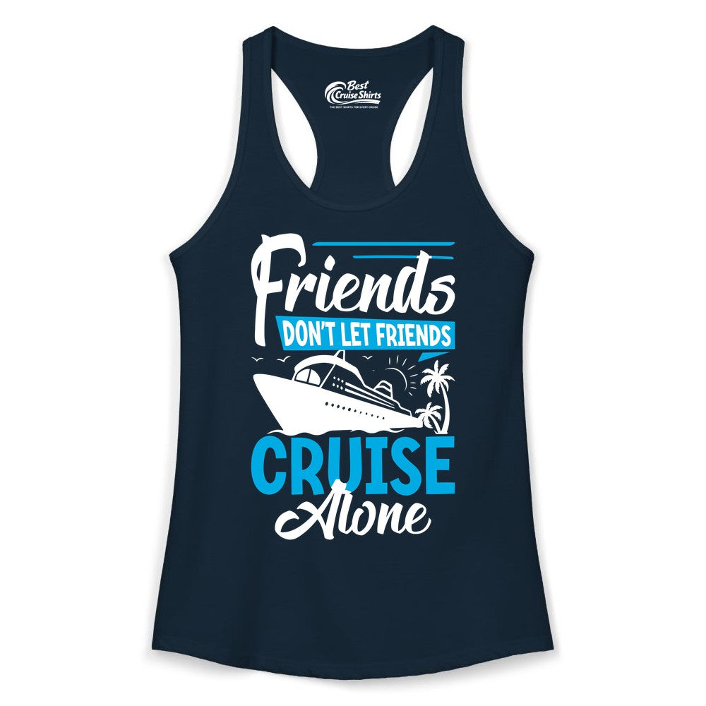 Friends Cruise Shirt - Fun Tropical Matching Cruise Group Tee (Ladies Tank) in Solid Midnight Navy - Friends Cruise Shirt - Tropical Palm Trees and Cruise Ship Vacation