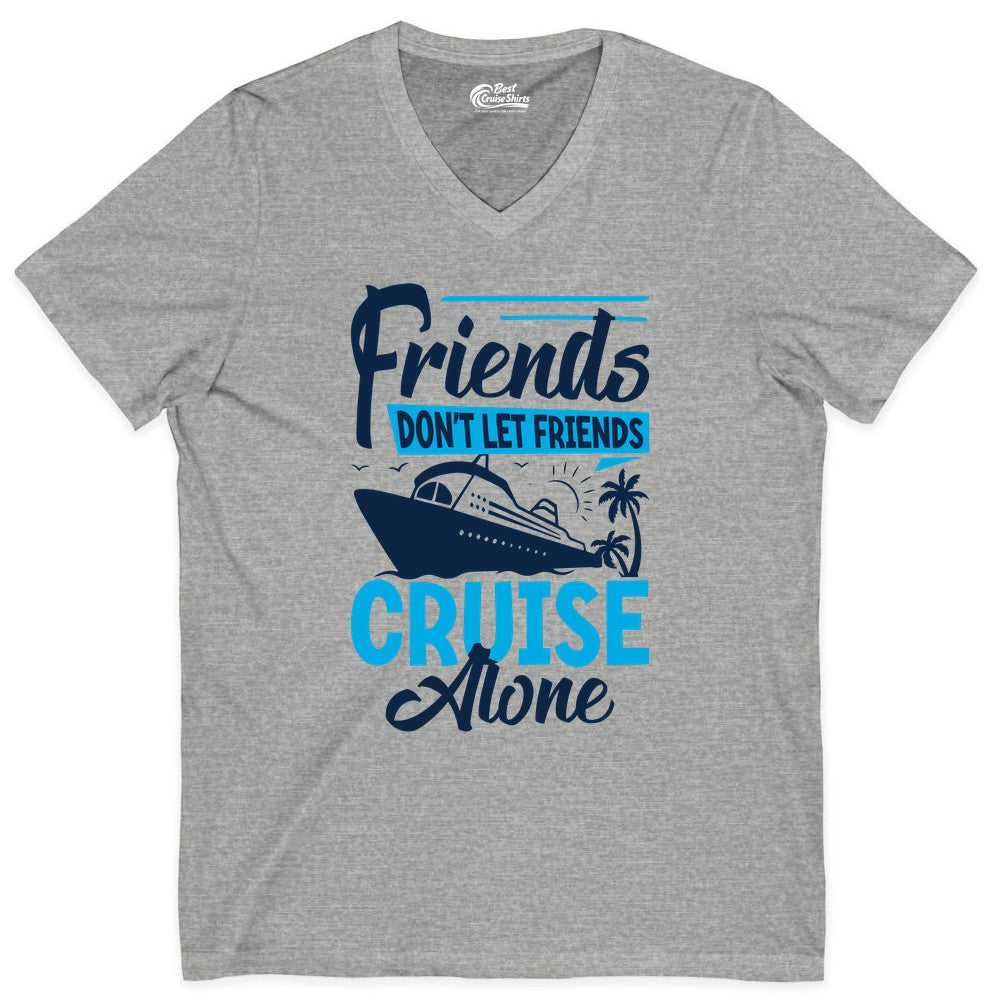 Friends Cruise Shirt - Fun Tropical Matching Cruise Group Tee (V-Neck) in Athletic Heather - Friends Cruise Shirt - Tropical Palm Trees and Cruise Ship Vacation