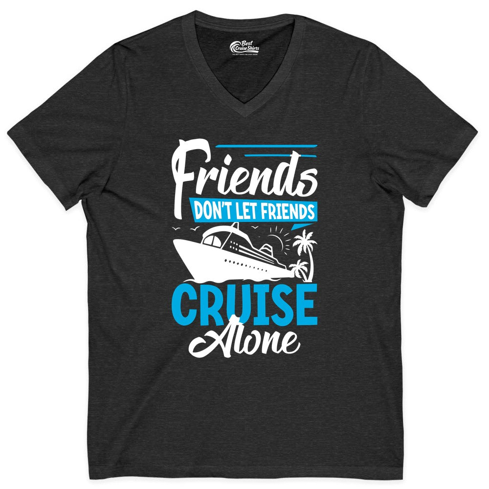 Friends Cruise Shirt - Fun Tropical Matching Cruise Group Tee (V-Neck) in Dark Grey Heather - Friends Cruise Shirt - Tropical Palm Trees and Cruise Ship Vacation