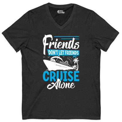 Friends Cruise Shirt - Fun Tropical Matching Cruise Group Tee (V-Neck) in Dark Grey Heather - Friends Cruise Shirt - Tropical Palm Trees and Cruise Ship Vacation