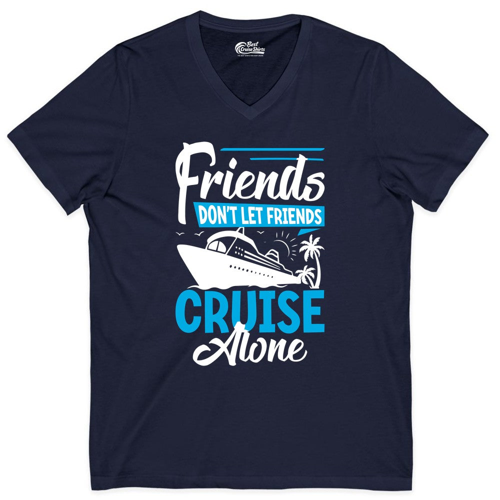 Friends Cruise Shirt - Fun Tropical Matching Cruise Group Tee (V-Neck) in Navy - Friends Cruise Shirt - Tropical Palm Trees and Cruise Ship Vacation