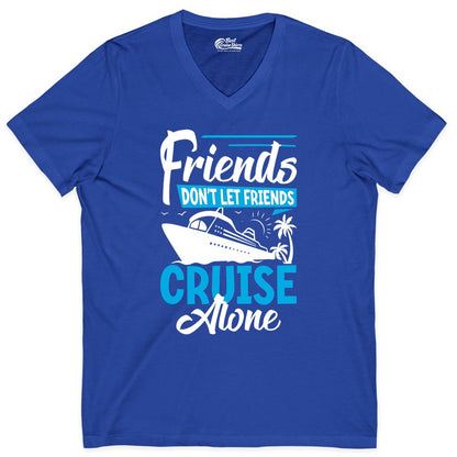 Friends Cruise Shirt - Fun Tropical Matching Cruise Group Tee (V-Neck) in True Royal - Friends Cruise Shirt - Tropical Palm Trees and Cruise Ship Vacation