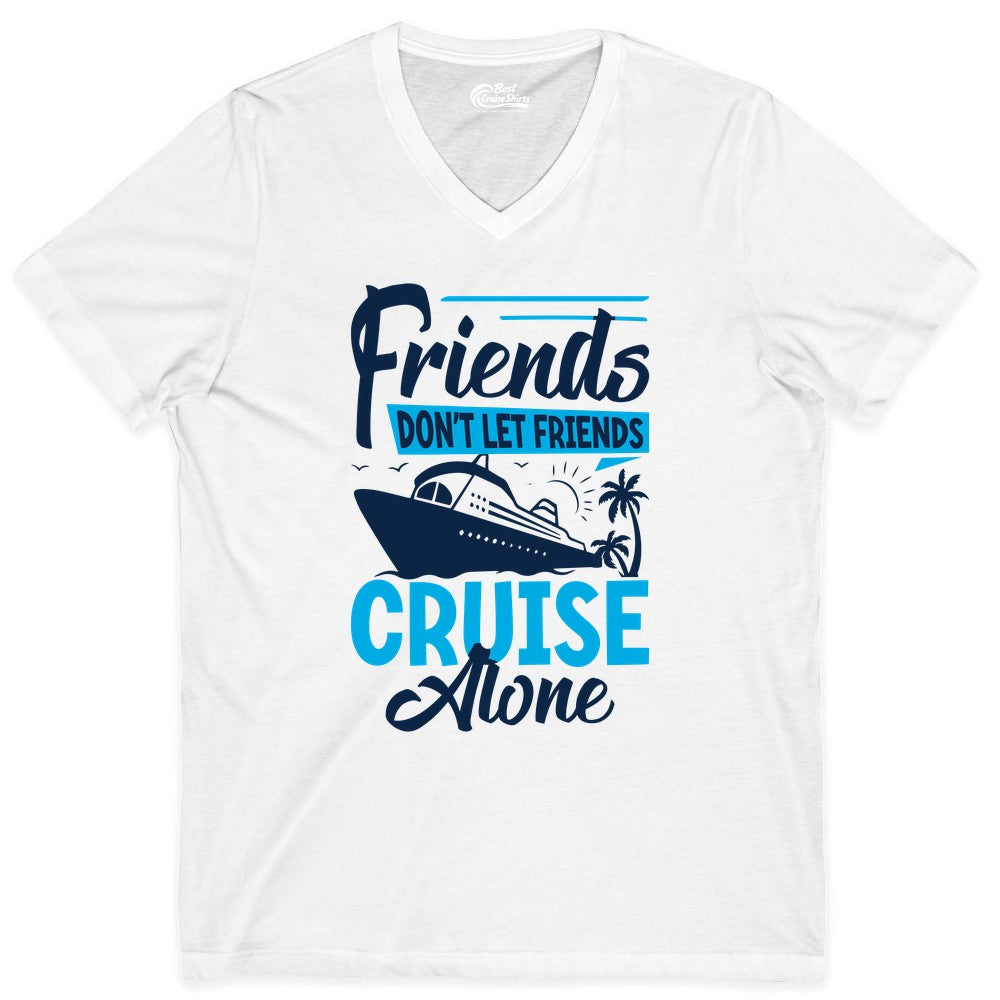 Friends Cruise Shirt - Fun Tropical Matching Cruise Group Tee (V-Neck) in White - Friends Cruise Shirt - Tropical Palm Trees and Cruise Ship Vacation