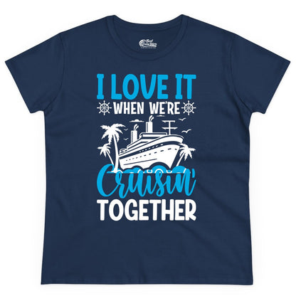 Cruising Together Shirt - Family Cruise Vacation Apparel for Groups (Ladies Tee) in Navy - Cruisin Together Shirt - Cruise Ship Palm Trees Nautical Group Tee