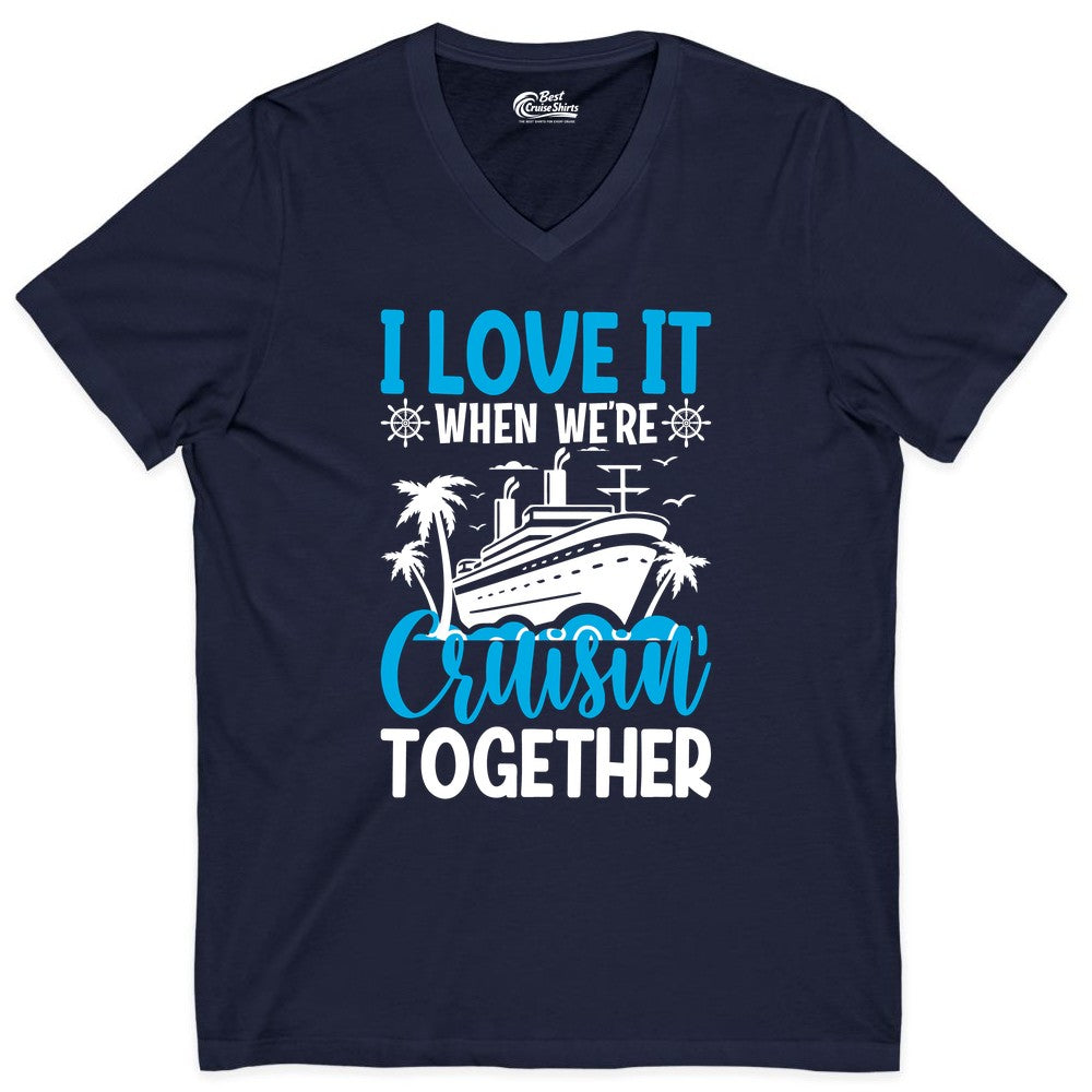 Cruising Together Shirt - Family Cruise Vacation Apparel for Groups (V-Neck) in Navy - Cruisin Together Shirt - Cruise Ship Palm Trees Nautical Group Tee