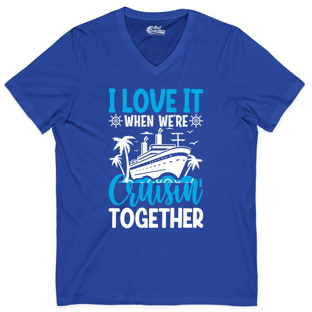 Cruising Together Shirt - Family Cruise Vacation Apparel for Groups (V-Neck) in True Royal - Cruisin Together Shirt - Cruise Ship Palm Trees Nautical Group Tee