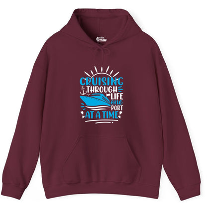 Cruising Through Life Shirt - Nautical Cruise Ship Tee for Travelers (Hoodie) in Maroon - Cruising Through Life One Port at a Time Nautical Cruise Shirt
