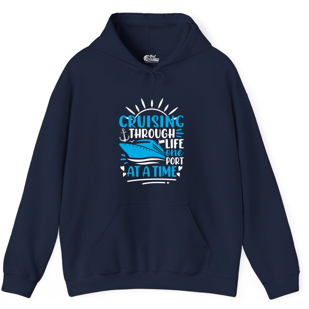 Cruising Through Life Shirt - Nautical Cruise Ship Tee for Travelers (Hoodie) in Navy - Cruising Through Life One Port at a Time Nautical Cruise Shirt