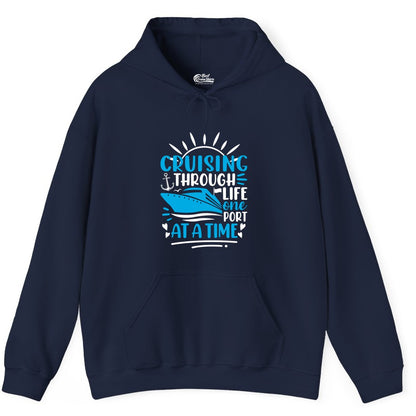 Cruising Through Life Shirt - Nautical Cruise Ship Tee for Travelers (Hoodie) in Navy - Cruising Through Life One Port at a Time Nautical Cruise Shirt