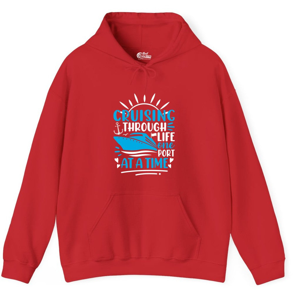 Cruising Through Life Shirt - Nautical Cruise Ship Tee for Travelers (Hoodie) in Red - Cruising Through Life One Port at a Time Nautical Cruise Shirt