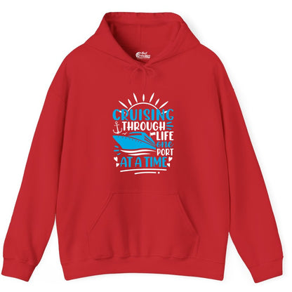 Cruising Through Life Shirt - Nautical Cruise Ship Tee for Travelers (Hoodie) in Red - Cruising Through Life One Port at a Time Nautical Cruise Shirt