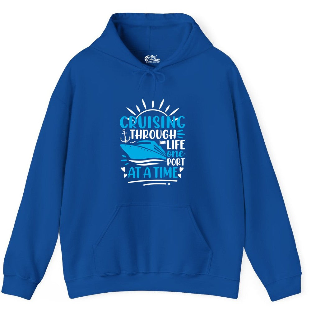 Cruising Through Life Shirt - Nautical Cruise Ship Tee for Travelers (Hoodie) in Royal - Cruising Through Life One Port at a Time Nautical Cruise Shirt