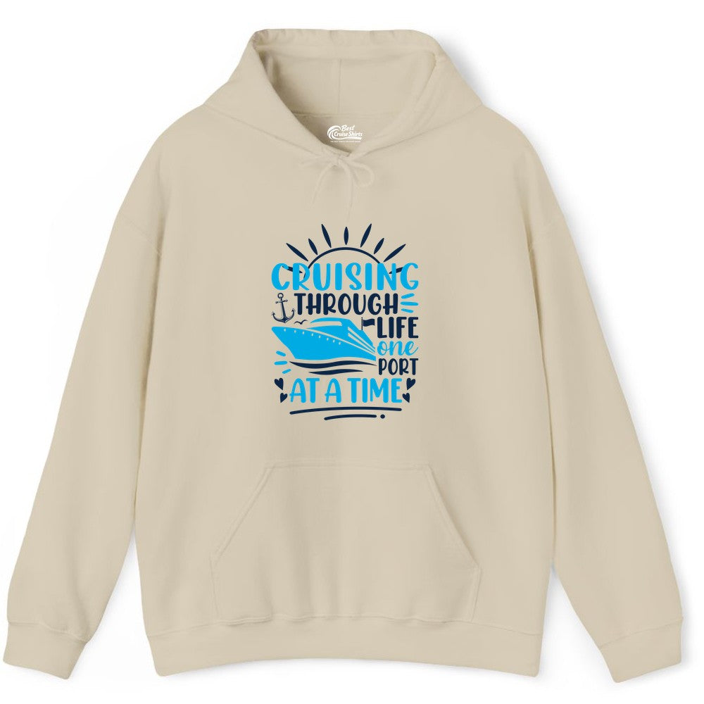 Cruising Through Life Shirt - Nautical Cruise Ship Tee for Travelers (Hoodie) in Sand - Cruising Through Life One Port at a Time Nautical Cruise Shirt