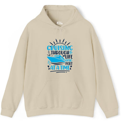 Cruising Through Life Shirt - Nautical Cruise Ship Tee for Travelers (Hoodie) in Sand - Cruising Through Life One Port at a Time Nautical Cruise Shirt