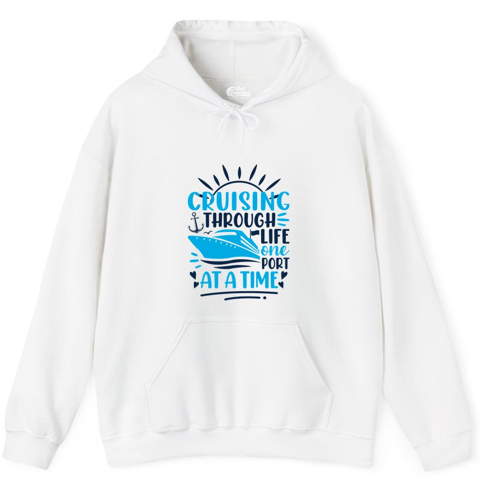Cruising Through Life Shirt - Nautical Cruise Ship Tee for Travelers (Hoodie) in White - Cruising Through Life One Port at a Time Nautical Cruise Shirt