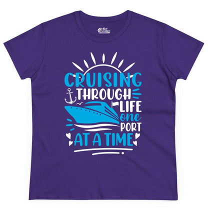 Cruising Through Life Shirt - Nautical Cruise Ship Tee for Travelers (Ladies Tee) in Purple - Cruising Through Life One Port at a Time Nautical Cruise Shirt