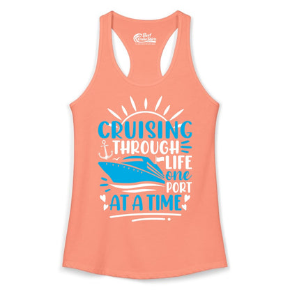 Cruising Through Life Shirt - Nautical Cruise Ship Tee for Travelers (Ladies Tank) in Solid Light Orange - Cruising Through Life One Port at a Time Nautical Cruise Shirt