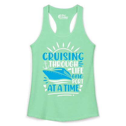 Cruising Through Life Shirt - Nautical Cruise Ship Tee for Travelers (Ladies Tank) in Solid Mint - Cruising Through Life One Port at a Time Nautical Cruise Shirt