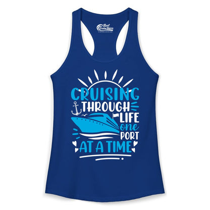 Cruising Through Life Shirt - Nautical Cruise Ship Tee for Travelers (Ladies Tank) in Solid Royal - Cruising Through Life One Port at a Time Nautical Cruise Shirt