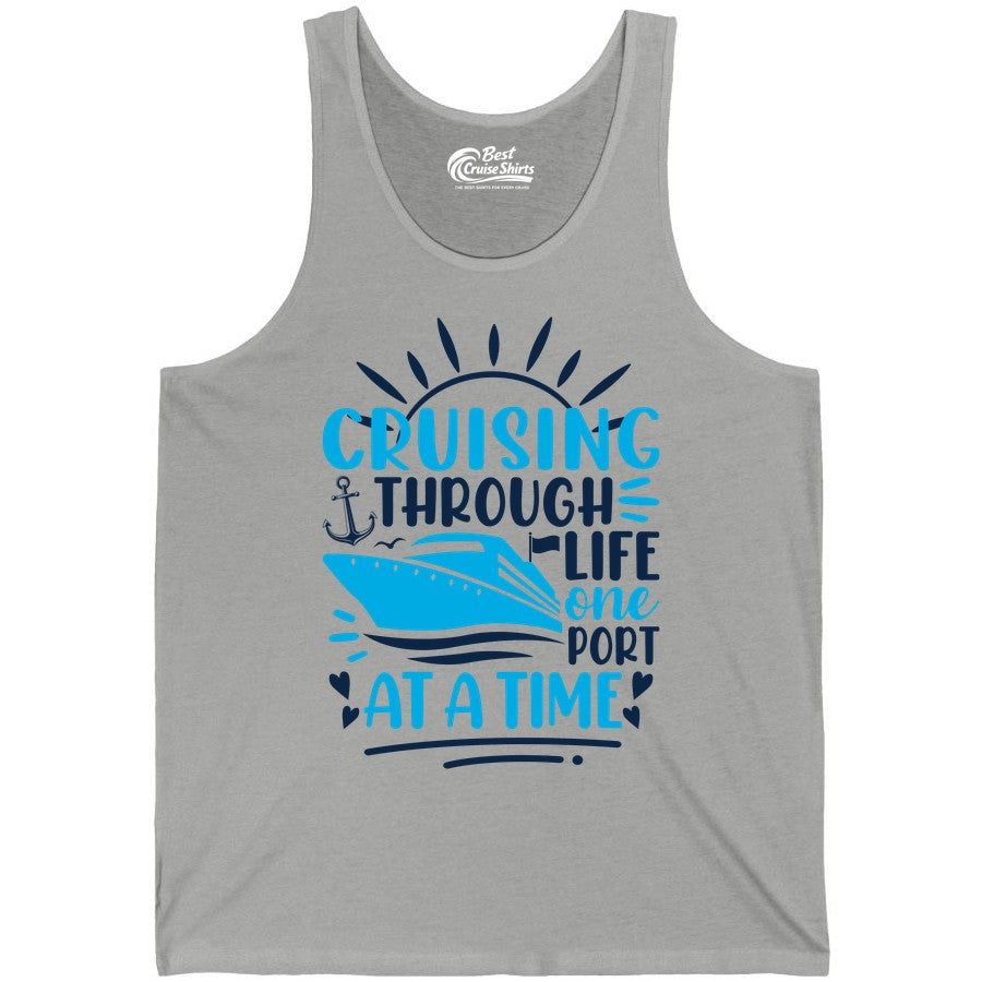Cruising Through Life Shirt - Nautical Cruise Ship Tee for Travelers (Tank Top) in Athletic Heather - Cruising Through Life One Port at a Time Nautical Cruise Shirt