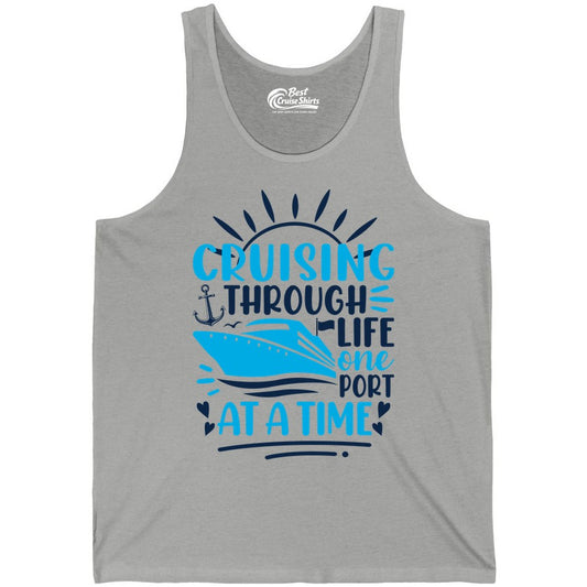 Cruising Through Life Shirt - Nautical Cruise Ship Tee for Travelers (Tank Top) in Athletic Heather - Cruising Through Life One Port at a Time Nautical Cruise Shirt
