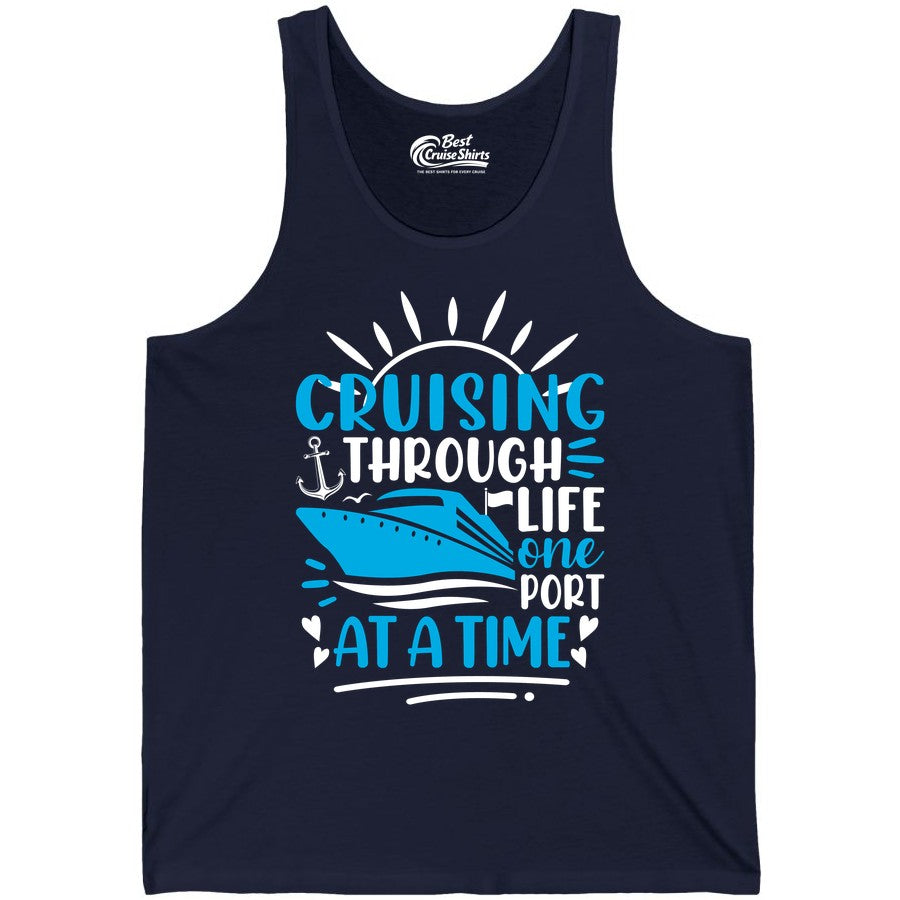 Cruising Through Life Shirt - Nautical Cruise Ship Tee for Travelers (Tank Top) in Navy - Cruising Through Life One Port at a Time Nautical Cruise Shirt