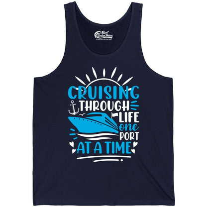 Cruising Through Life Shirt - Nautical Cruise Ship Tee for Travelers (Tank Top) in Navy - Cruising Through Life One Port at a Time Nautical Cruise Shirt