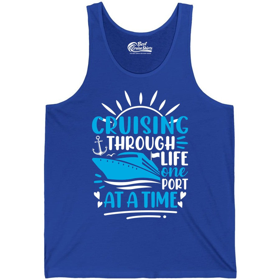 Cruising Through Life Shirt - Nautical Cruise Ship Tee for Travelers (Tank Top) in True Royal - Cruising Through Life One Port at a Time Nautical Cruise Shirt