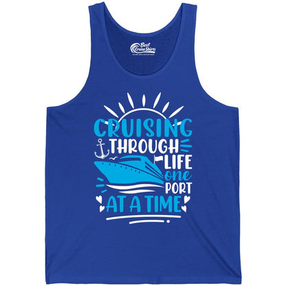 Cruising Through Life Shirt - Nautical Cruise Ship Tee for Travelers (Tank Top) in True Royal - Cruising Through Life One Port at a Time Nautical Cruise Shirt