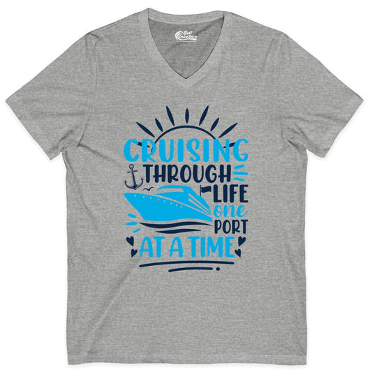 Cruising Through Life Shirt - Nautical Cruise Ship Tee for Travelers (V-Neck) in Athletic Heather - Cruising Through Life One Port at a Time Nautical Cruise Shirt